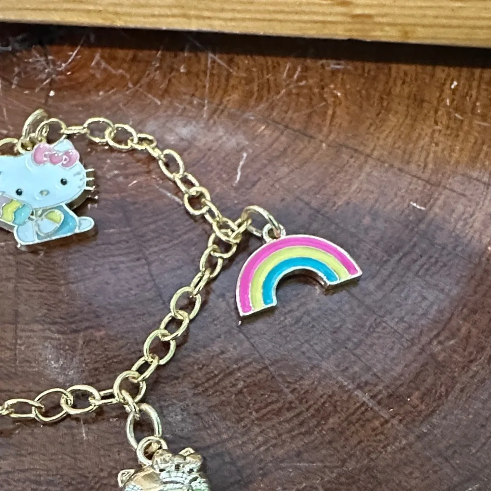 Hello Kitty Gold Bracelet with Pink and Rainbow Charms Heart Tiffany Clasp